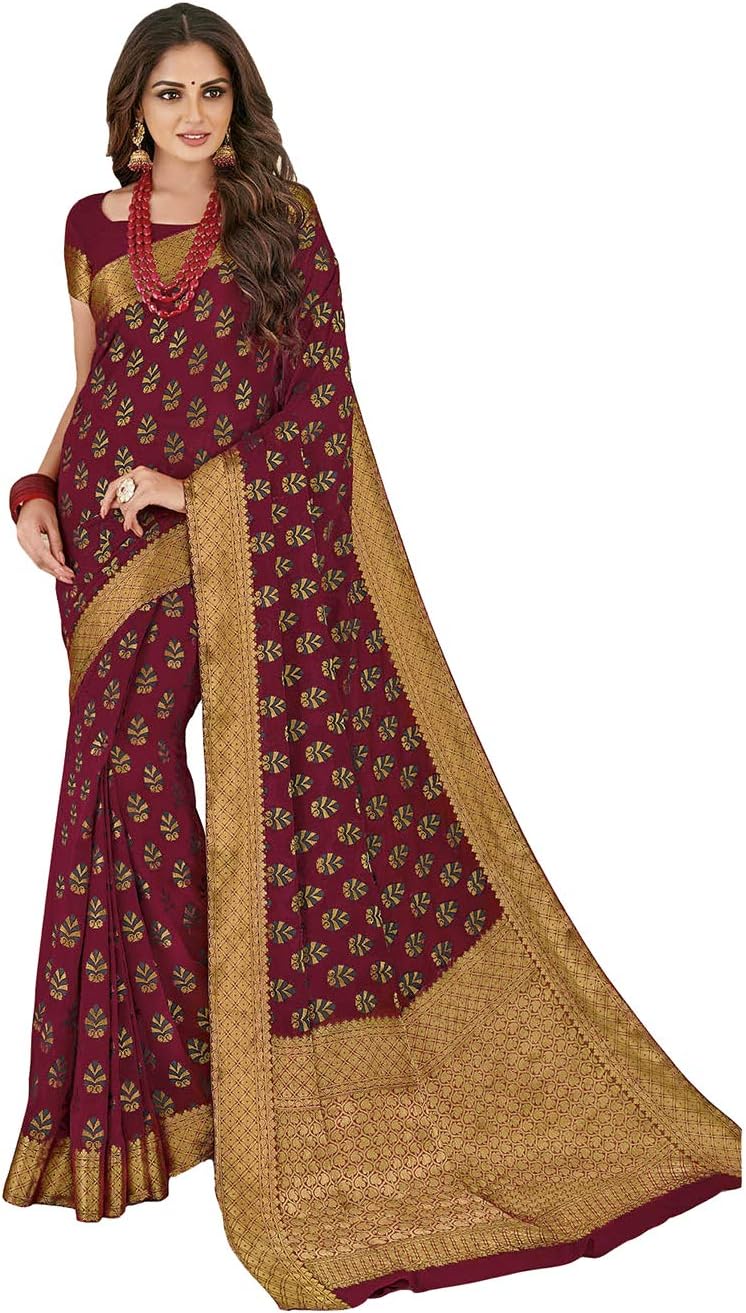 Saree for Women Bollywood Wedding Designer Maroon Sari with Unstitched Blouse.