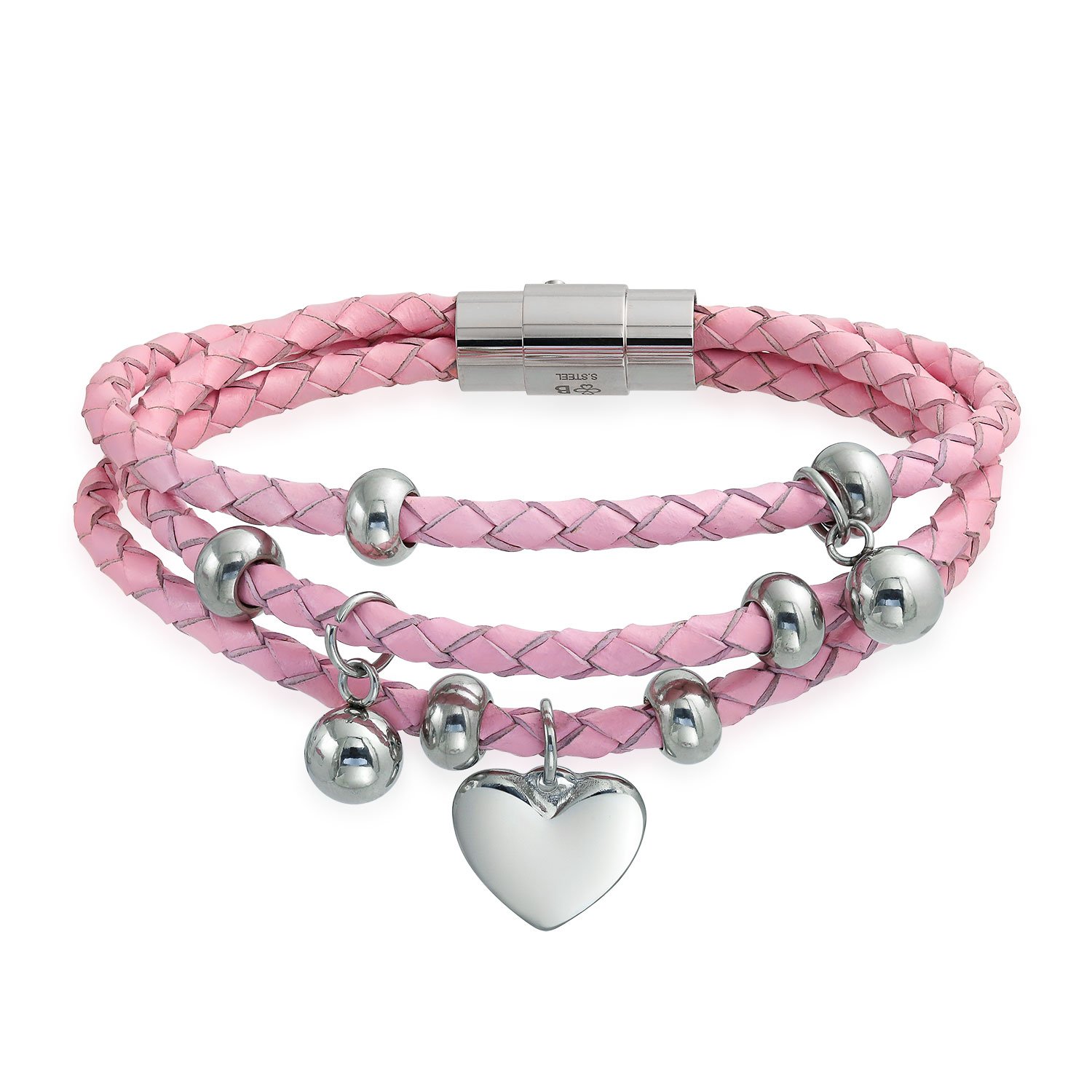 Bling Jewelry Women's Pink Triple Strand Braided Leather Bracelet With Dangling Heart Charms - Stainless Steel Gift For Girlfriend โ image 1