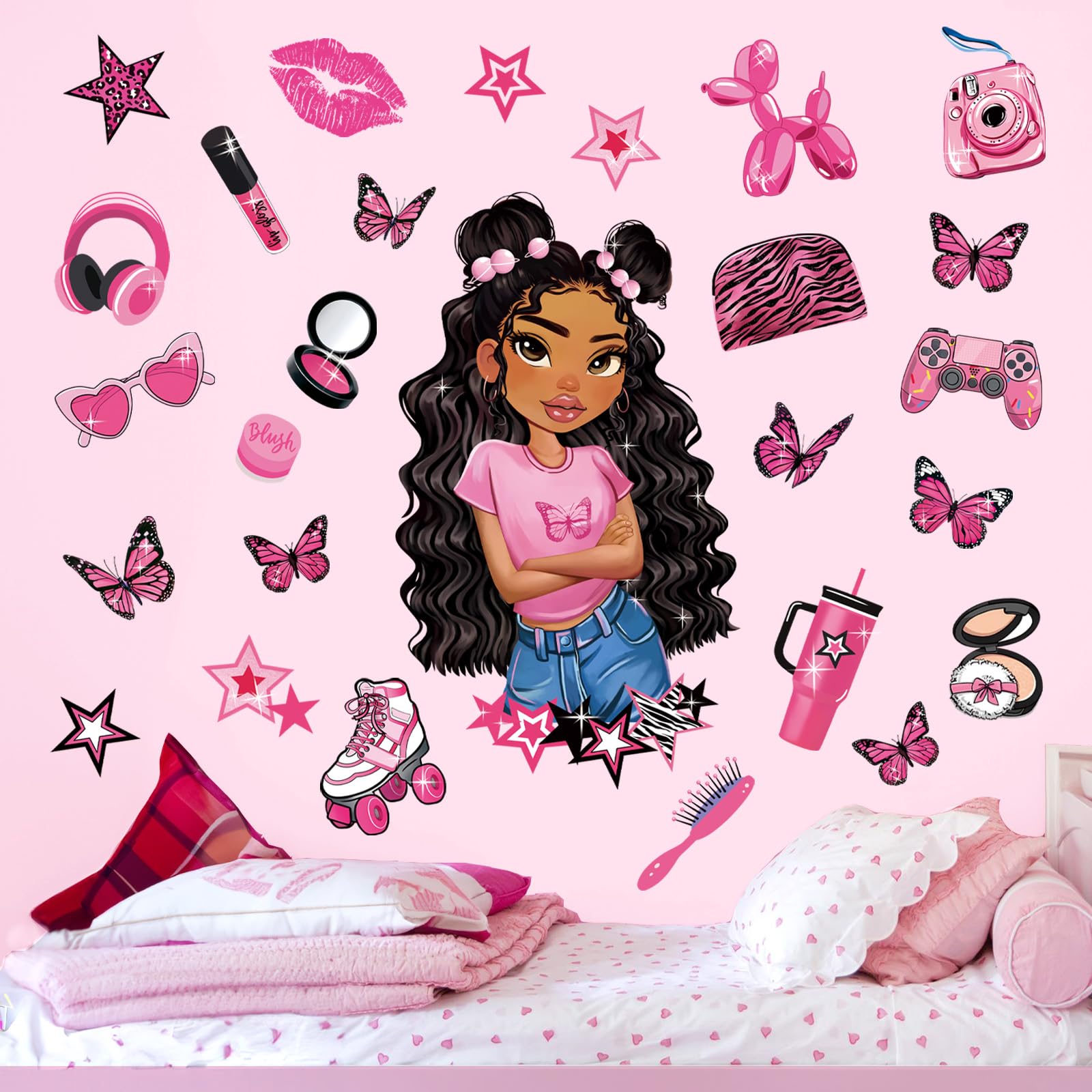 decalmile Black Girl Magic Wall Stickers Pink Girl Room Butterfly African American Wall Decals Baby Nursery Bedroom Afro Kid Room Wall Decor