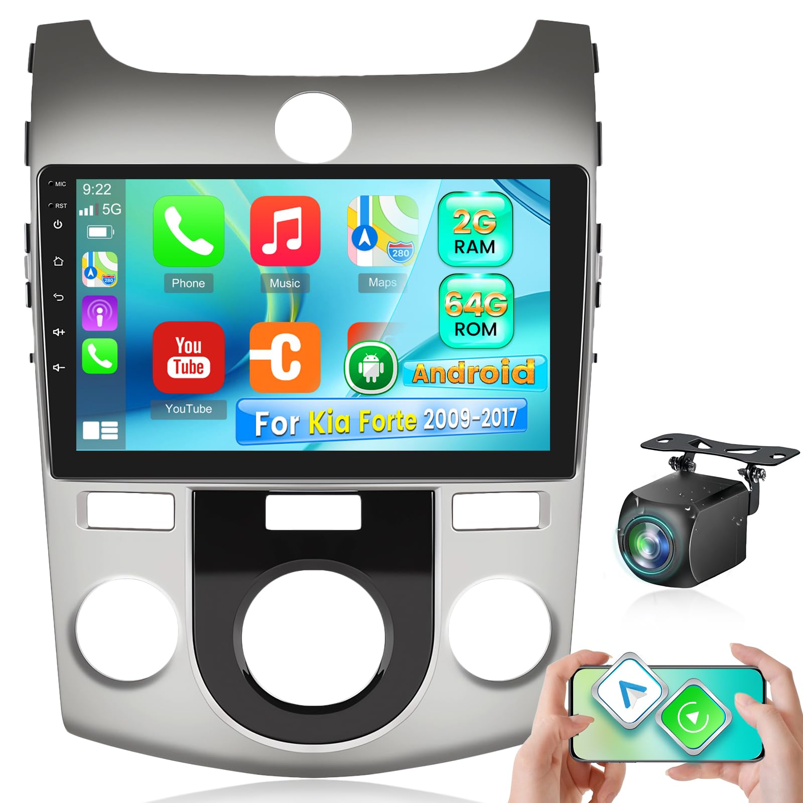 Photo 1 of [2+64G] NHOPEEW Car Stereo for Kia Forte 2009-2017 with Wireless Carplay and Android Auto - 9 Inch Touch Screen Android Car Radio - DSP/WiFi/GPS/SWC/Bluetooth/FM/RDS + AHD Backup Camera