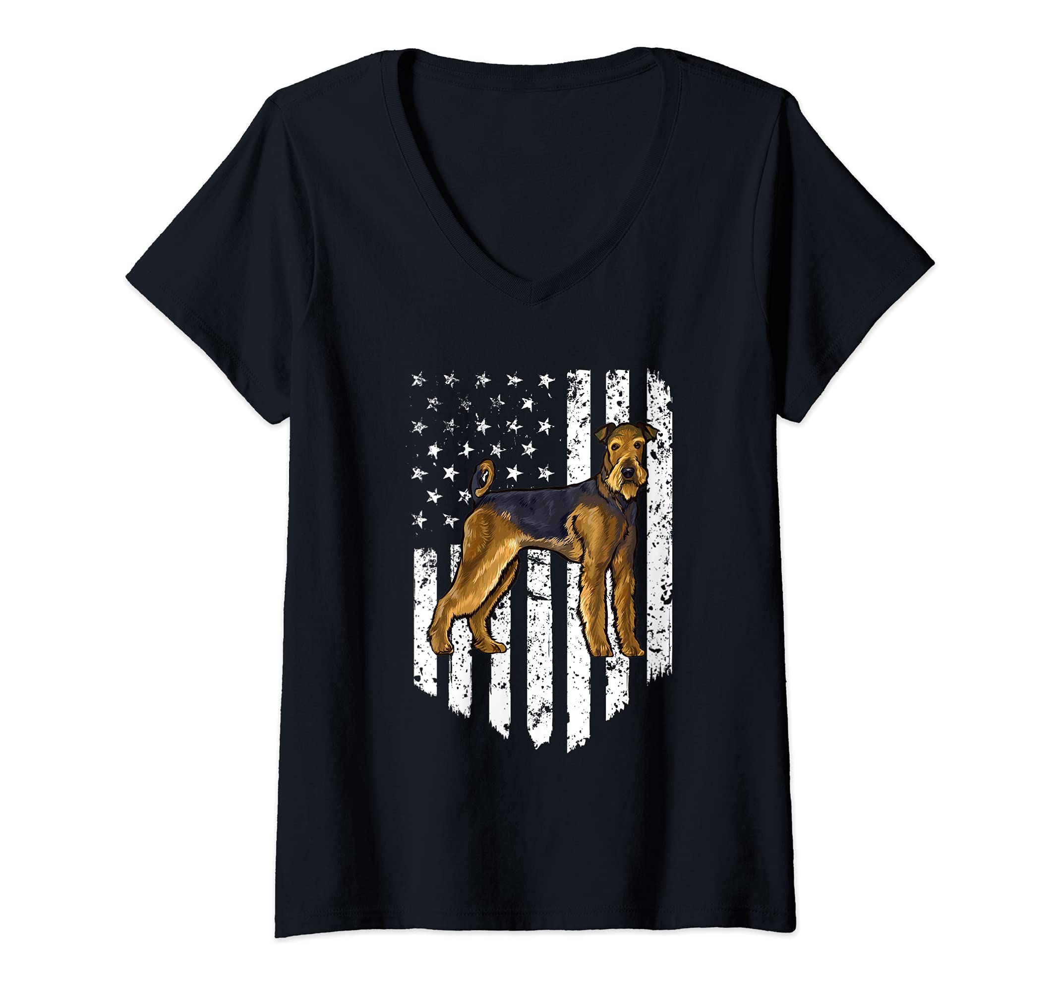 Womens Black White American Flag Airedale Terrier 4th Of July USA V-Neck T-Shirt