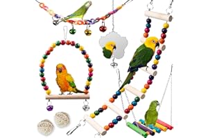 JINJINANV Bird Toys for Parakeets 7Pcs, Wood Parrots Budgie Cage Accessories, Bird Perch Swings for Small Conure Cockatiel Toys, Bird Ladder Swing for Parakeets Climbing 18''