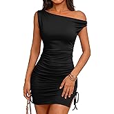 OWIN Women's Sexy One Shoulder Drawstring Side Slit Ruched Bodycon Mini Dresses Ribbed Knit Casual Cocktail Club Party Dress