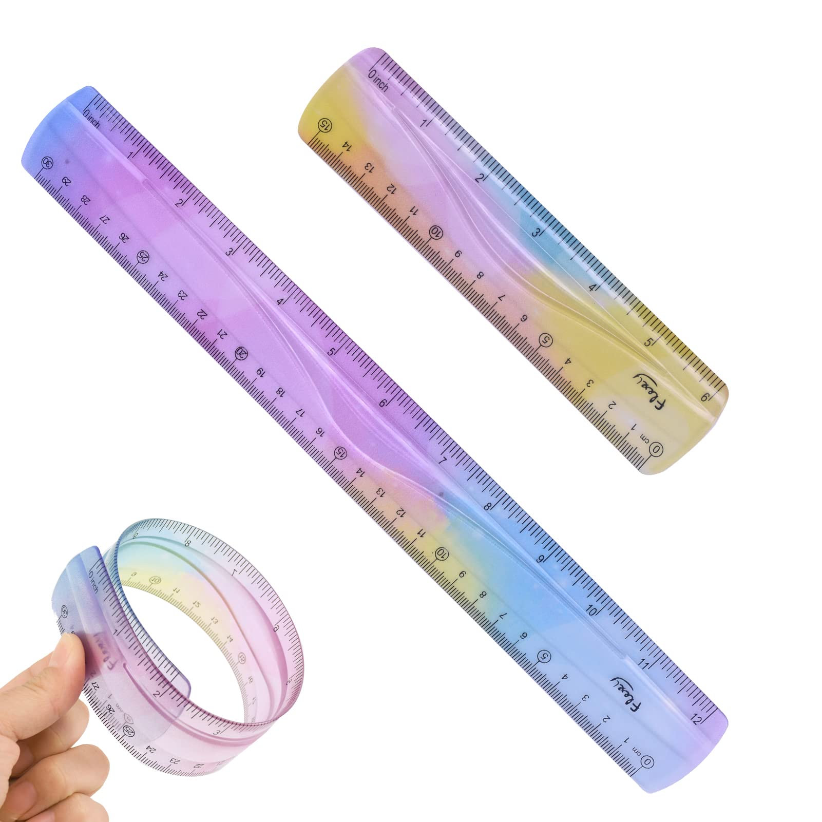 2 Pcs Flexible Ruler 30cm/15cm Colorful Rulers Unbreakable Soft Bendable Flexible Plastic Shatter Resistant Shatterproof Straight Classroom Rulers for School Office Kids(12/6 inch Color Random)