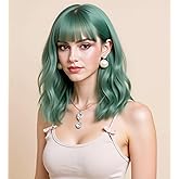 Rugelyss Short Light Green Wavy Bob Wigs for Women Synthetic Hair Wig with Bangs 14 Inches Medium Length for Daily Wear or Halloween Costume Cosplay Party