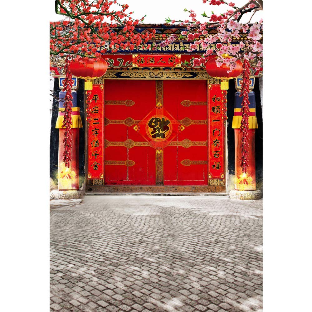 Photo 1 of Laeacco Chinese Style Backdrop 5x7ft Vinyl Photography Background Red Gate Ancient Building Classical Architecture New Year Red Lantern Pink Pulm Blossoms Trees