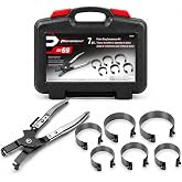 Powerbuilt 7-Pc Piston Ring Compressor Set with Ratcheting Pliers - 940387 | Piston ring compressor set with 6 adjustable bands for 2-7/8 to 4-3/8 in. pistons, ratcheting lock pliers and storage case.