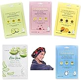 Zomac Face Mask Gift Set - 6 Items - Incldues Cala Collagen, Cucumber, Aloe Vera, Vitamin C, and Hyaluronic Acid Face Masks. Includes Gift Bag and Custom Shower Cap, Korean Face Sheet Variety Set