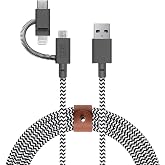 Native Union Belt Cable Universal - 6.5ft Ultra-Strong Reinforced [MFi Certified] Durable Charging Cable with 3-in-1 Adaptor for Lightning, USB-C and Micro-USB Devices (Zebra)