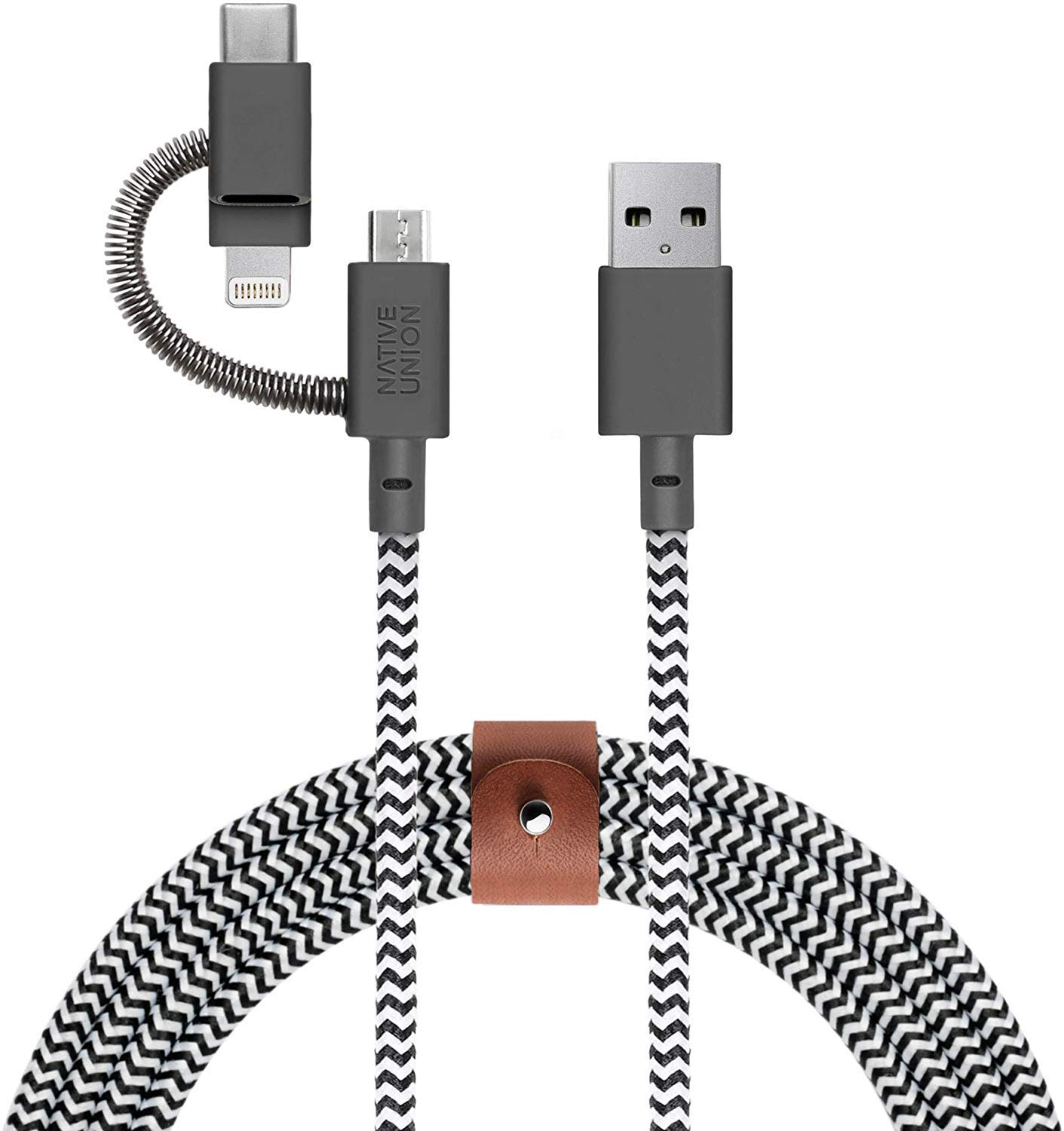 Native Union Belt Cable Universal - 2m(6.5ft) Ultra-Strong Reinforced [MFi Certified] Durable Charging Cable with 3-in-1 Adaptor for Lightning, USB-C and Micro-USB Devices (Zebra)