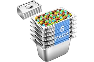 CHIEFINCH Hotel Pan With Lids 1/4 Size 6 Inch Deep Stainless Steel Chafing Dishes for Buffet, Steam Table Pan, Metal Commercial Food Pans for Food Prep/Catering/Food Serving (6 Pack, Half Size 1/4 x 6" Deep)