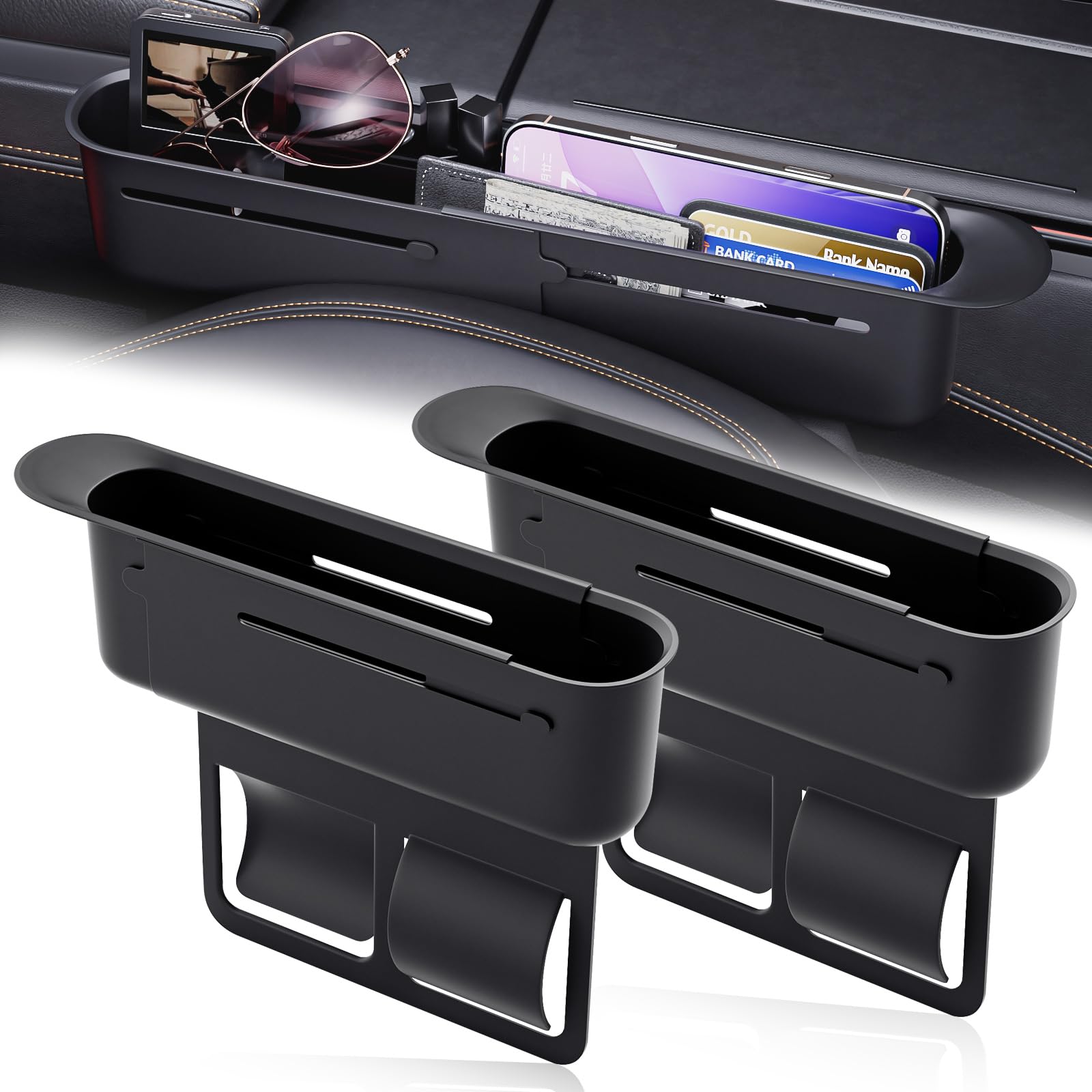 Photo 1 of 2 Pack Adjustable Car Seat Gap Filler Organizer, Multifunctional Seat Side Gap Filler with Max Internal Length of 13 Inch, Push-Pull Design Organizer Gap Stopper for Phone, Keys, Cards (Universal Fit)