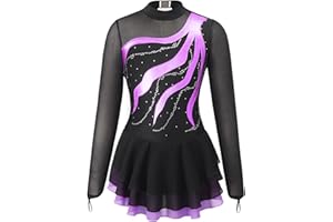 TSSOE Kids Girls Long Sleeve Sequins Printing Ice Roller Figure Skating Dress Illusion Ballet Dancewear