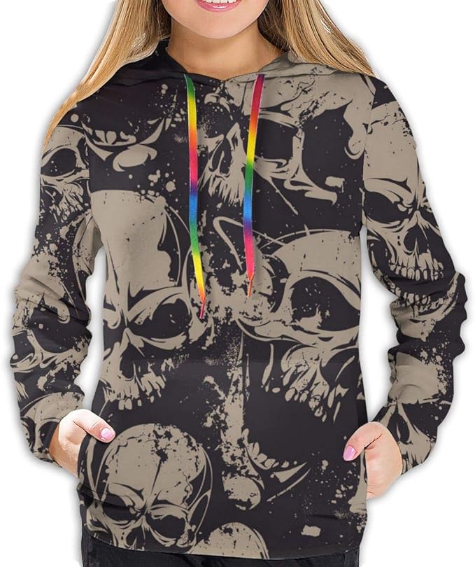 Skull Grunge Women Long Sleeve Drawstring Hoodie Sweatshirts Fitted Sport Tops Slim Fit Hoodies 