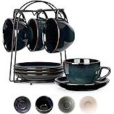 SIDUCAL Espresso Cups Set of 4 [8oz] Porcelain Coffee Cups with Saucers and Holder,Latte Cups- Latte Art Cup - Microwave/Dishwasher Safe,Espresso Demitasse Cups(Blue and Green)