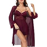 Tidouk Women Sexy Lingerie Set, 3 Piece Babydoll with Mesh Kimono Robe & Lace Panty, Lace Trim Teddy Chemise Nightwear