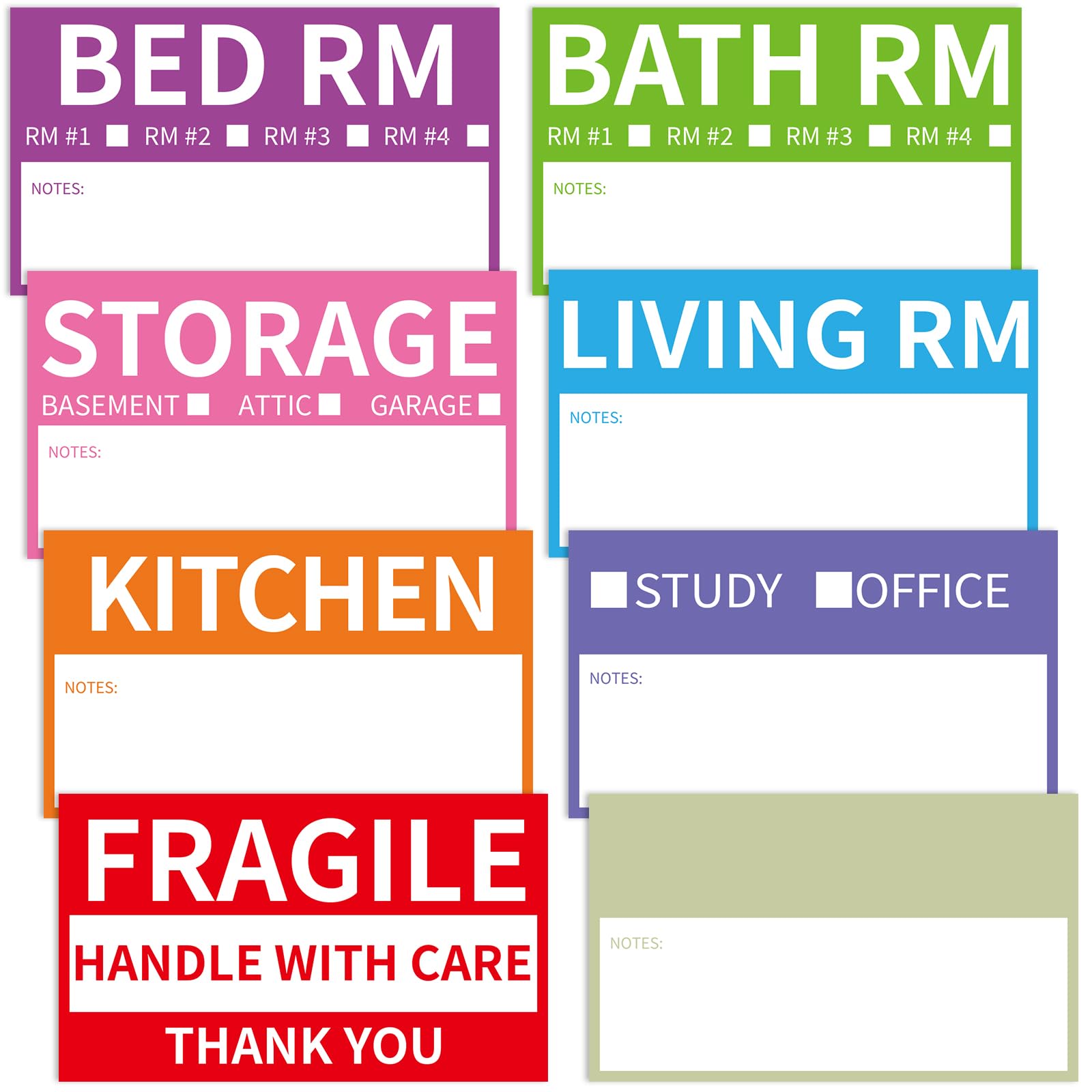 Photo 1 of 100 Home Moving Labels, 3.4 x 2 inches, 8-Color Coded Packing Box Stickers with Fragile and Blank Customizable Labels