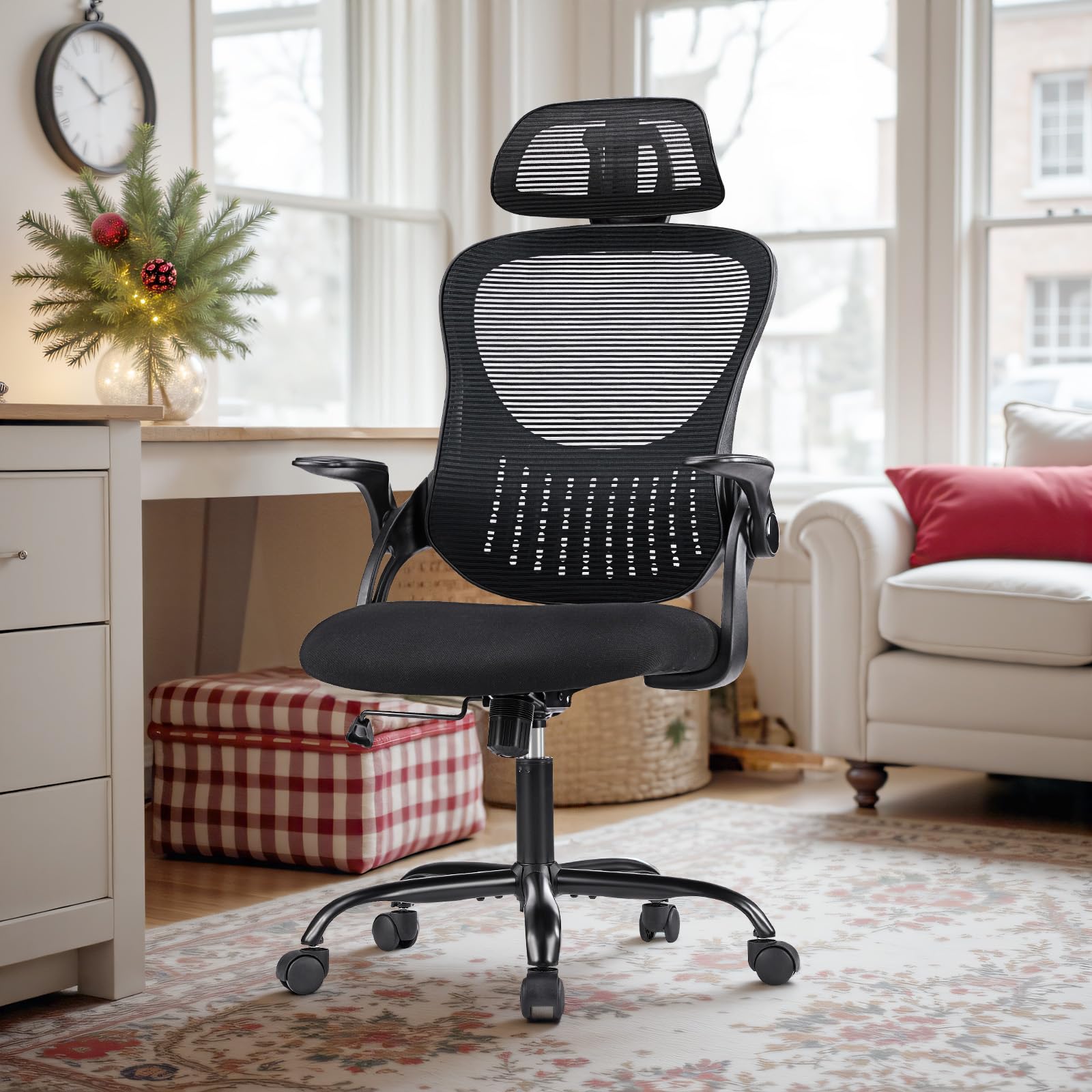 SMUG Home Office Desk Chair, Ergonomic Computer Managerial Executive Chairs High-Back Work Swivel Task Chairs with Wheels, Lumbar Support, Comfy Flip-up Armrest for Gaming, Study, Student, Black - Image 2