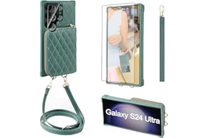 MONASAY Crossbody Wallet Case Compatible for Samsung Galaxy S24 Ultra 6.8 inch[Glass Lens&Screen Protector] Zipper Leather Phone Cover with Card Holder& Handbag Shoulder Lanyard Strap, Light Green