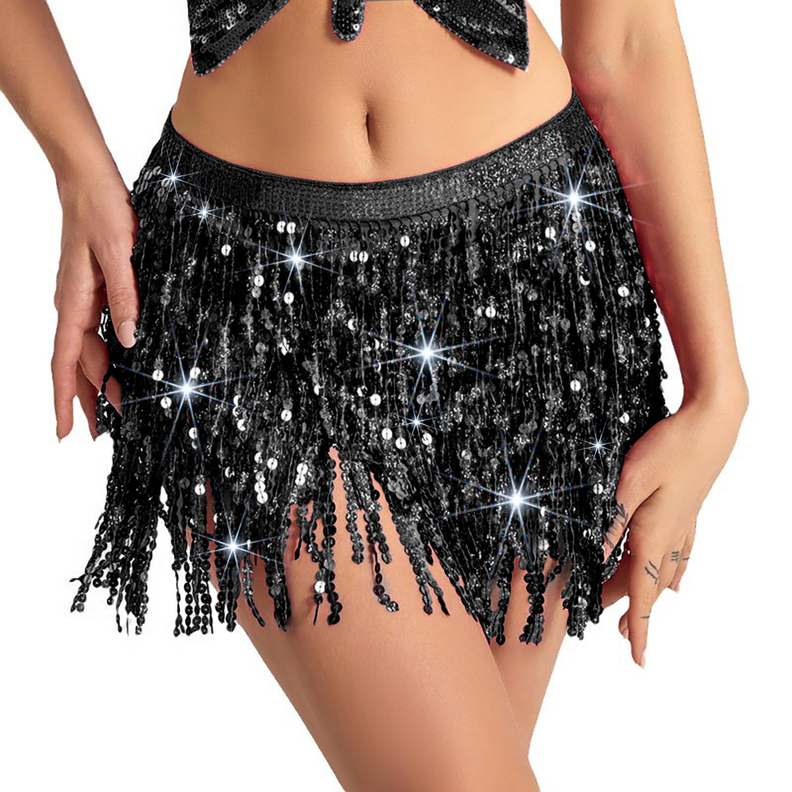 Baisdan Belly Dance Dancer Costume Sequin Tassel Fringe Hip Scarf Belt Waist Wrap Skirt Black