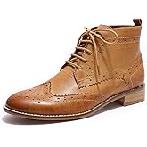 Mona flying Women's Comfort Leather Lace-up Oxfords Brogue Boots Ankle High Fashion Tie up Booties Low Heel Combat Boots