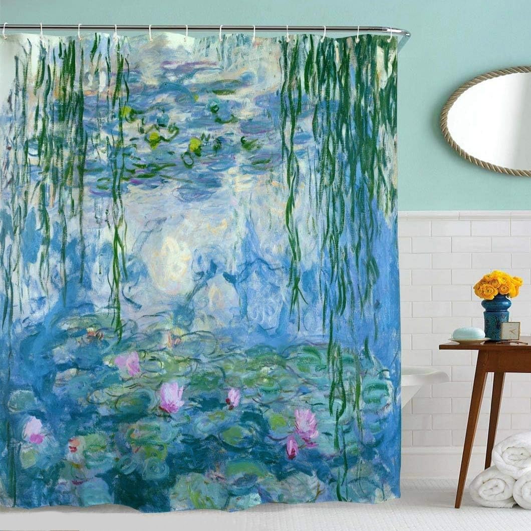 IcosaMro Lotus Shower Curtain for Bathroom with Hooks, Watercolor Monet Water Lilies Fowers Floral Decorative Long Cloth Fabric Shower Curtain, Blue, 71x72 Inches