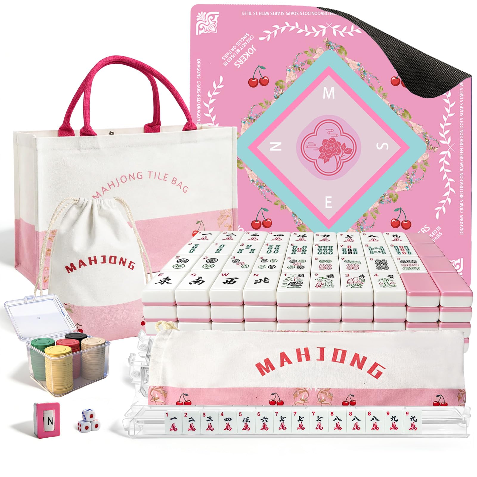 American Mahjong Tiles Set with Noise Reducing Mahjong Mat, 166 Pink Mahjong Game with Portable Storage Bags, 4 All-in-One Color Rack/Pushers, Scoring, Plastic Coins Dices for Adults & Beginners