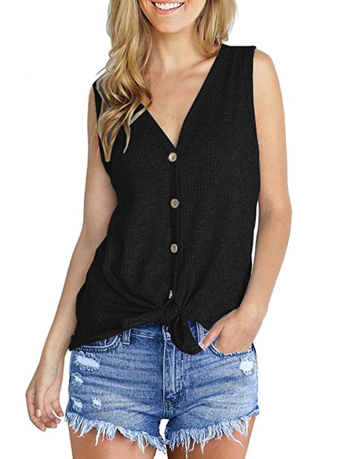 Buy CANIKAT Women’s Plus Size V Neck Sleeveless Top Tie Knot Waffle