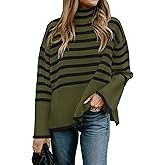 ZESICA Women's Winter Sweaters Casual Turtleneck Long Sleeve Striped Side Slit Loose Pullover Sweater Jumper Tops
