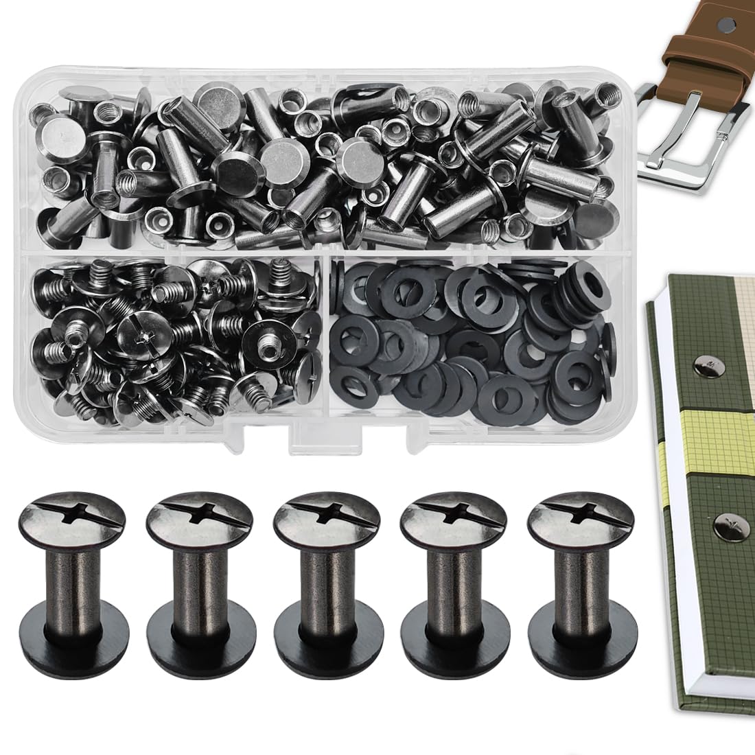 SHSMPXOY 70 Set Chicago Screws Posts for Leather Rivets M5*12mm Chicago Book Binding Screws Rivets Cross Head Chicago Button Screws for DIY Book Scrapbook Bookbinding, Bags,Collars(Gloss Black)