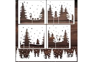SUNVERSE Christmas Stencils for Window Glass Large Christmas Stencil for Crafts Reusable 53.1” Winter Forest House Village Holiday Drawing Templates for Painting on Window Glass Doormat Wood Sign