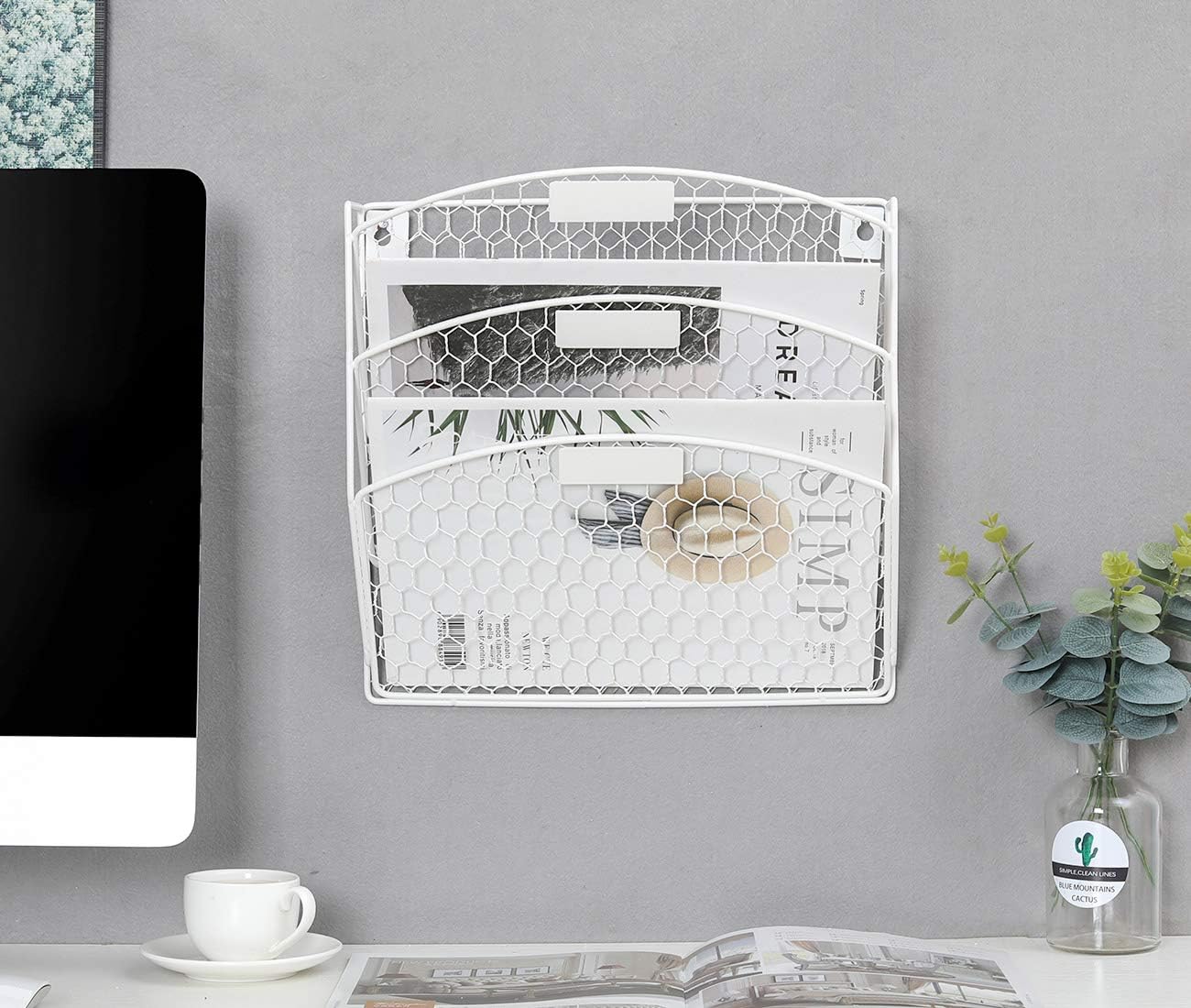 TQVAI 3 Tier Wall Hanging File Holder Chicken Wire Wall Mount File Rack Folders, White : Office Products