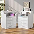 ADORNEVE Night Stand Set 2,White Nightstand with Charging Station & Hutch,Night Stands for Bedrooms Set of 2,Bedside Table with Drawers