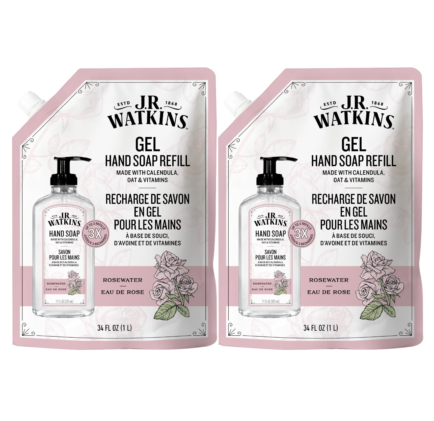 Photo 1 of J.R. Watkins Gel Hand Soap Refill, Moisturizing Hand Wash, Formulated with Plant-Based Cleansers, Alcohol-Free, Cruelty-Free, Rosewater, 34 Fl Oz, 2 Pack