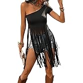 Floerns Women's Country Rock Concert Western Tops EDM Festival Cowgirl Outfits One Shoulder Short Sleeve Fringe Trim T Shirts