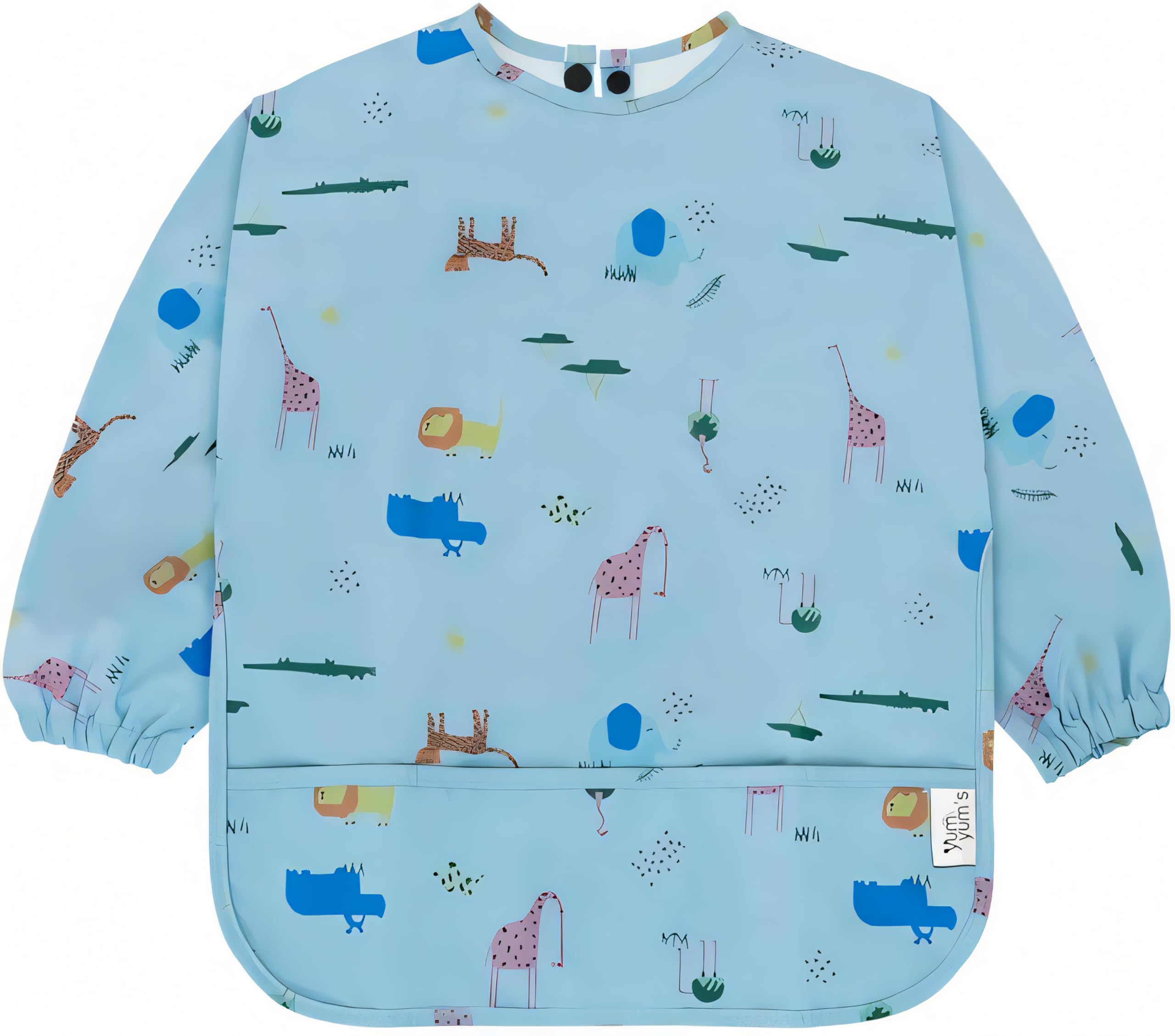 Yum Yum's Baby Coverall Silicone Weaning Bib - Waterproof, Easy Clean & Comfortable - Long Sleeve Bib for 6-12 Months - Multi-Functional Toddler Apron for Mess-Free Feeding - Safari Animals in Blue