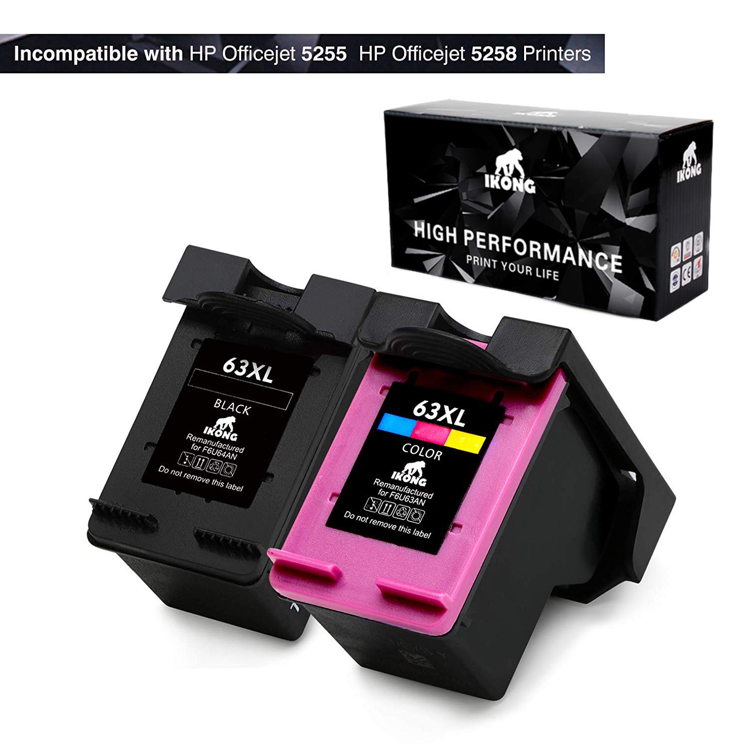 IKONG Ink Cartridge 63 Remanufactured Ink cartridges Replacement for HP 63 Ink with Ink Level Display, 63XL (1 Black &amp; 1 Tri-Color) Work with Envy 4520 4516 4655,OfficeJet 4650 3830,DeskJet 2130 3634