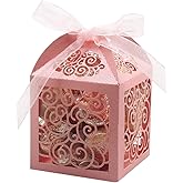 KPOSIYA 100 Pack Wedding Favor Boxes Laser Cut Boxes Party Favor Box Small Gift Boxes Lace Candy Boxes for Wedding Bridal Shower Baby Shower Birthday Party Anniverary with Ribbons (Pink, 100)