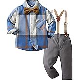 Kunyeah Boy Gentleman Plaid Outfits Toddler Long Sleeve Shirt with Bow Ties Suspenders Pants Kid Dress Suit for 1-6 Years