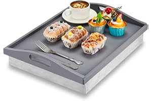 Tioncy 1 Piece Bamboo Lap Tray with Detachable Pillow 16.9'' x 13'' Lap TV Trays Desk with Handles for Adults Eating in Recli