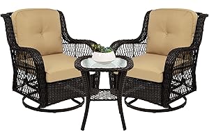 Best Choice Products 3-Piece Outdoor Wicker Patio Bistro Set w/ 2 360-Degree Swivel Rocking Chairs and Tempered Glass Top Side Table - Beige