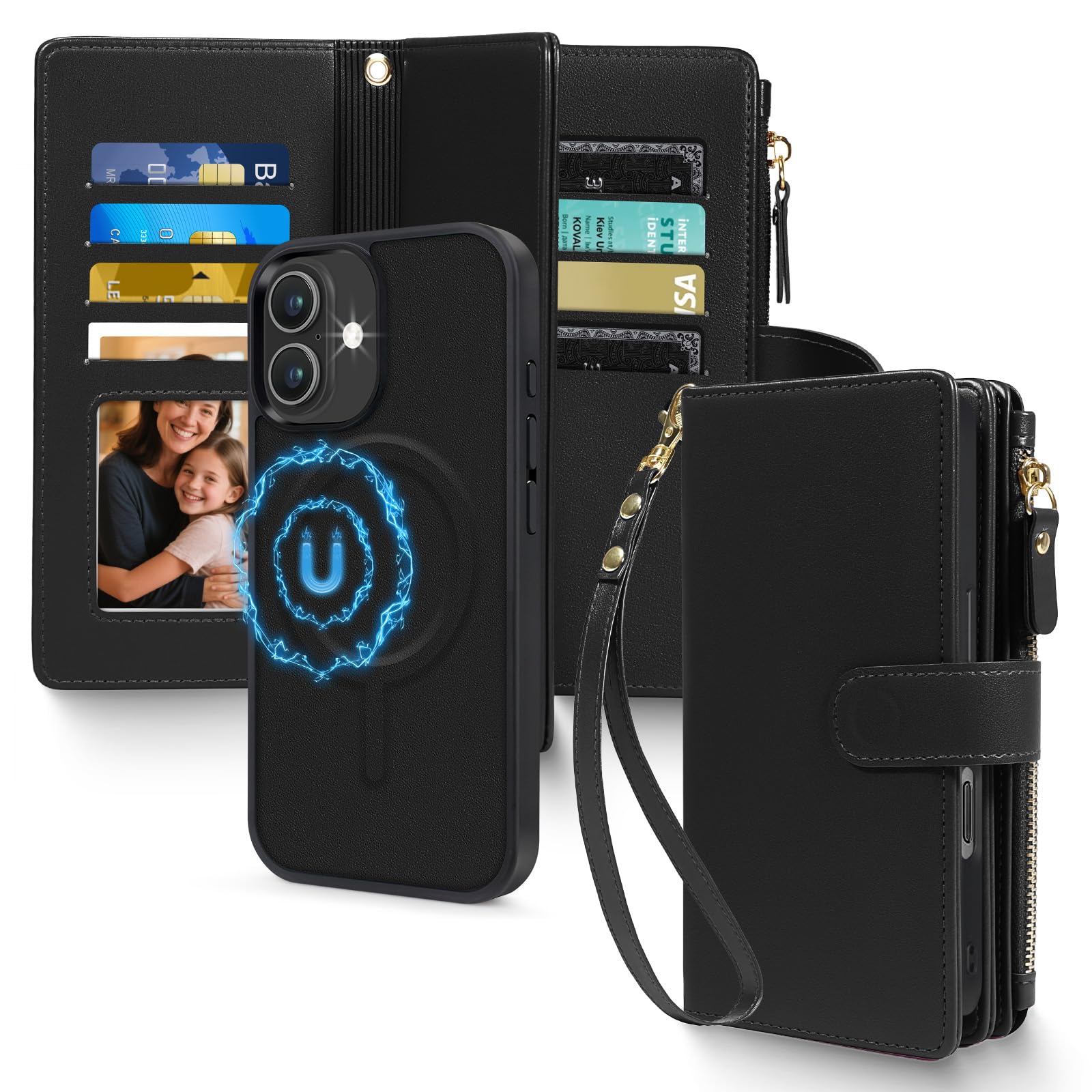 Photo 1 of Harryshell 2 in 1 for iPhone 17 6.3 inch Wallet Case Magnetic Compatible with Magsafe RFID Blocking Card Holder Detachable Phone Cover Zipper Purse Kickstand Wrist Strap for Men Women Black