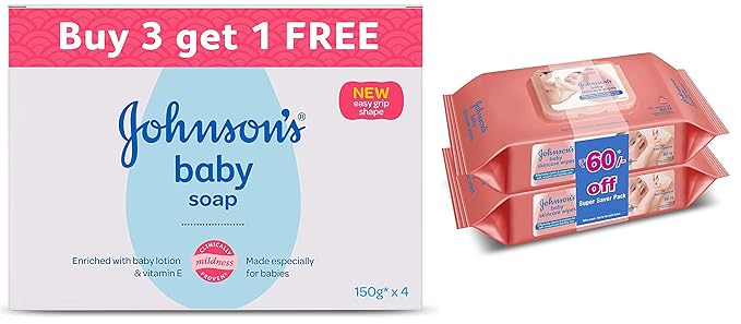 Johnsons Baby Soap 150g (Buy 3 Get 1 Free) & Baby Wipes, Pack of 2 (160 Wet Wipes) Combo