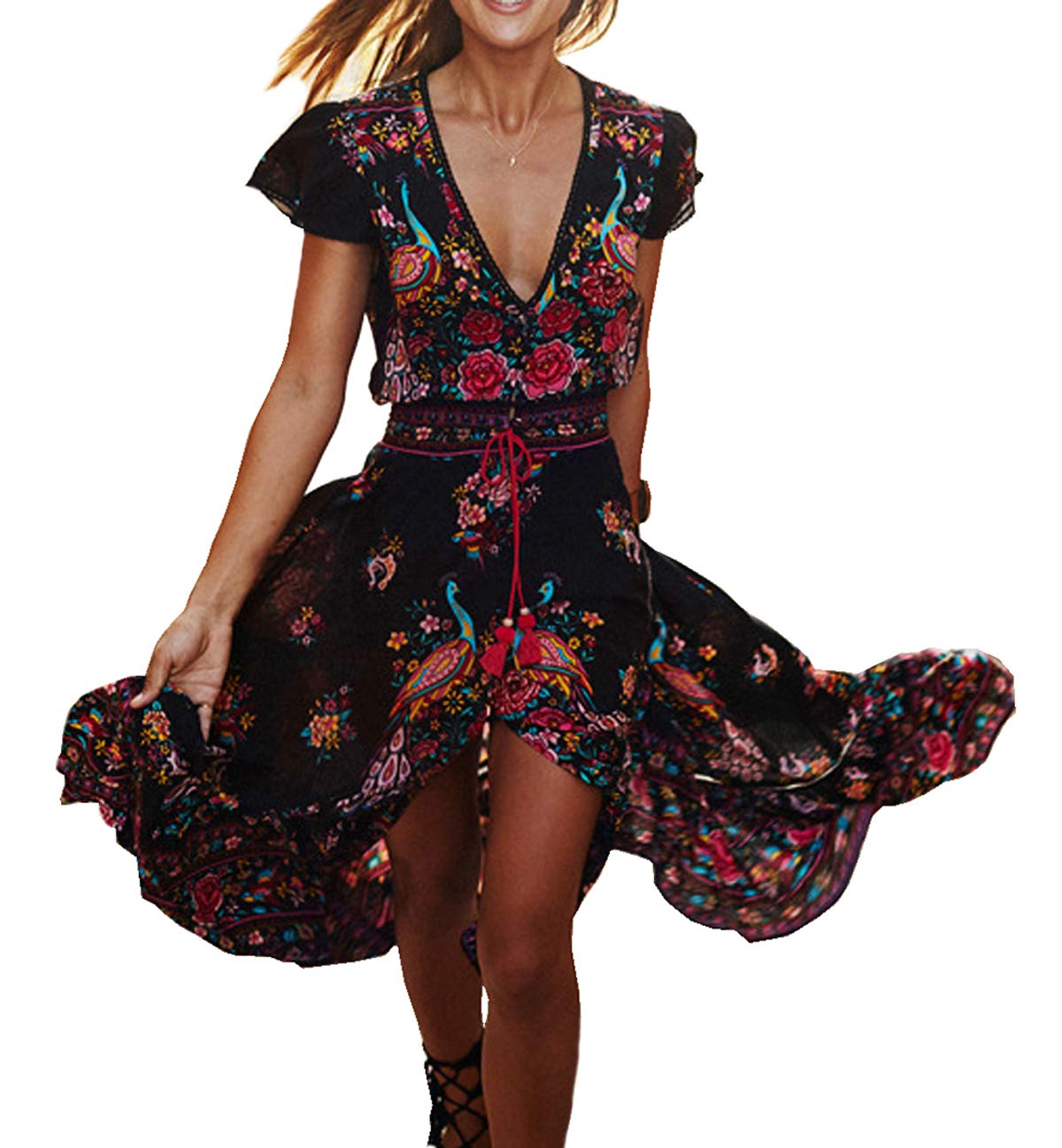 Photo 1 of R.Vivimos Women's Summer Vintage Floral Print Deep V Neck High Low Long Dresses (Large,Black)