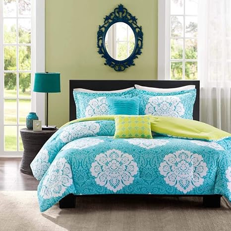 Buy Aqua Blue Lime Green Floral Damask Print Comforter Bedding Set