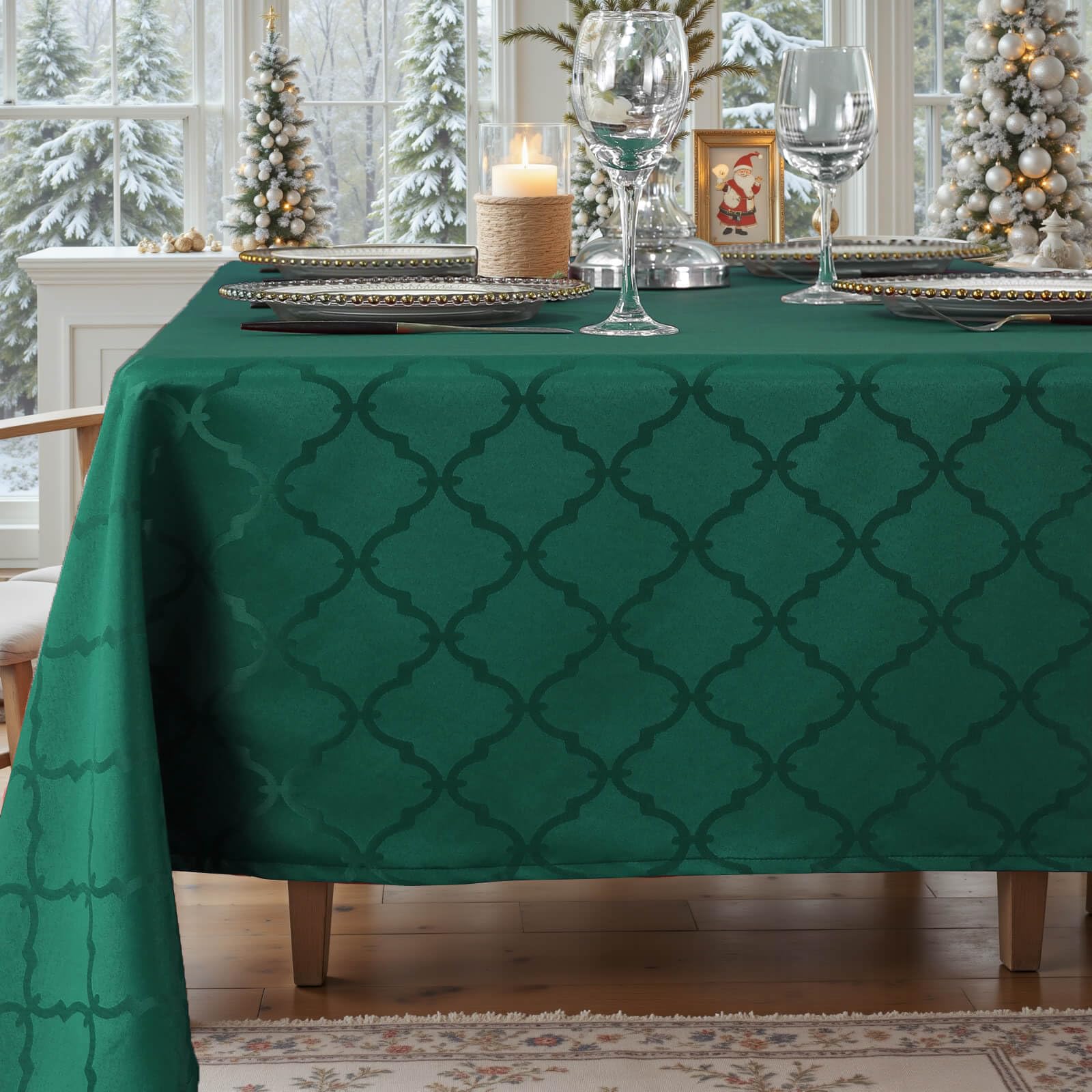 SASTYBALE Green Christmas Jacquard Tablecloth 132x132 cm Square - Spillproof Wrinkle Resistant Rhombus Patterns for Holiday Parties, Dining & Decor (2-4 Seats)