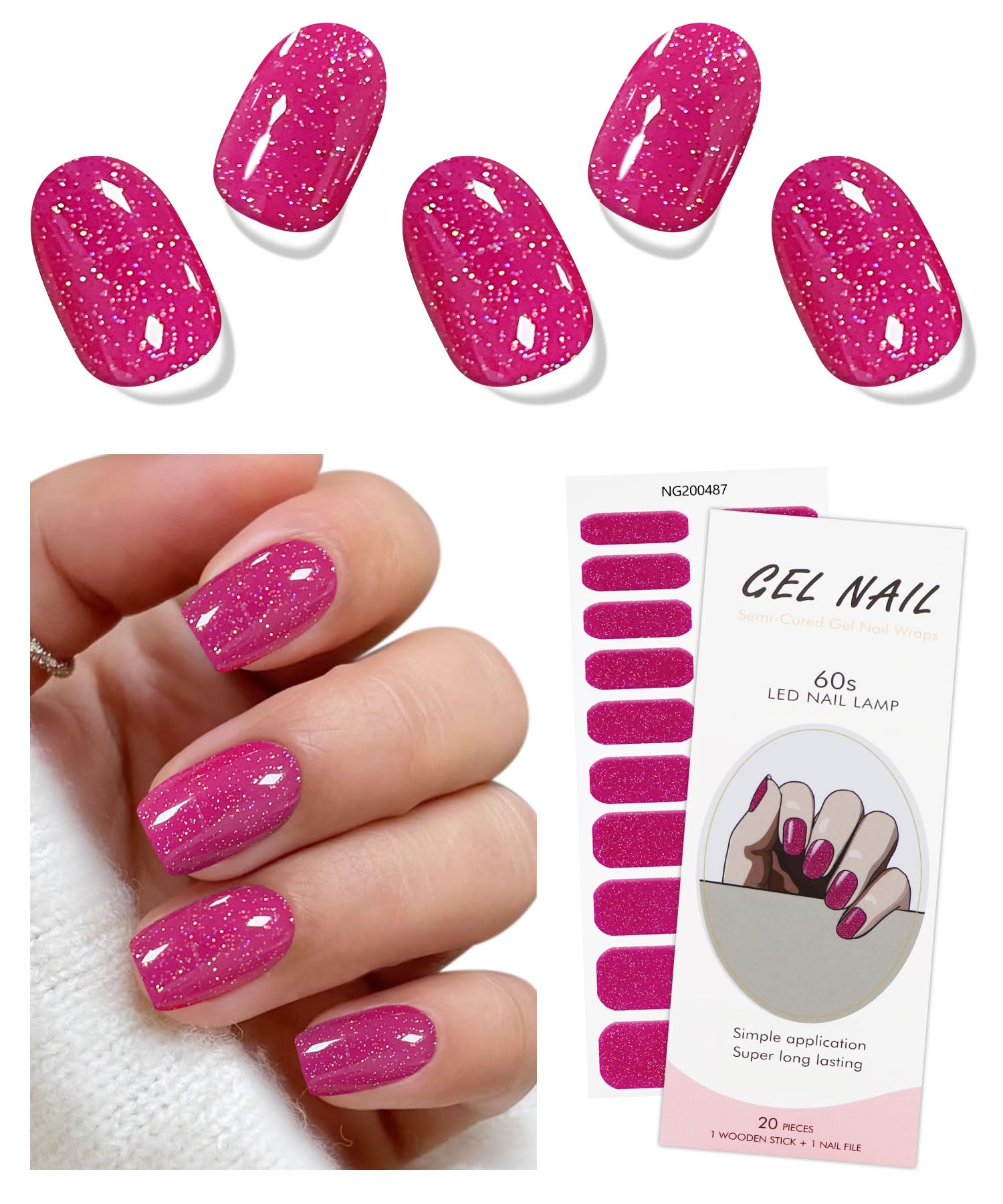 JMEOWIO Gel Nail Stickers Glitter Pink Semi Cured Gel Nail Strips Wraps UV/LED Nails Art Design Decoration Accessories