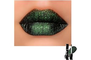 Goth Green Glitter Lipstick for Woman, Black Base Green Metallic Multichrome Liquid Lipstick， High Pigment Multichrome Non-St