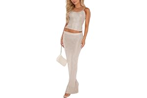 Naileksi Women Sexy Glitter Knit 2 Piece Outfits Sequin Slim Fit Crop Cami Top Sparkle Maxi Bodycon Skirt Set Clubwear