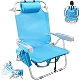 Backpack Beach Chairs for Adults, Heavy Duty Compact Portable Lay Flat Folding Chair with Backpack Straps and Large Pocket, 5 Positions Aluminum Reclining Chair for Patio Outdoor,Support to 300LBS